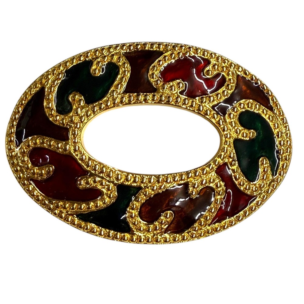 Vintage Anne Klein AK‎ Gold Tone Multicolor Enamel Open Oval Brooch Pin Signed